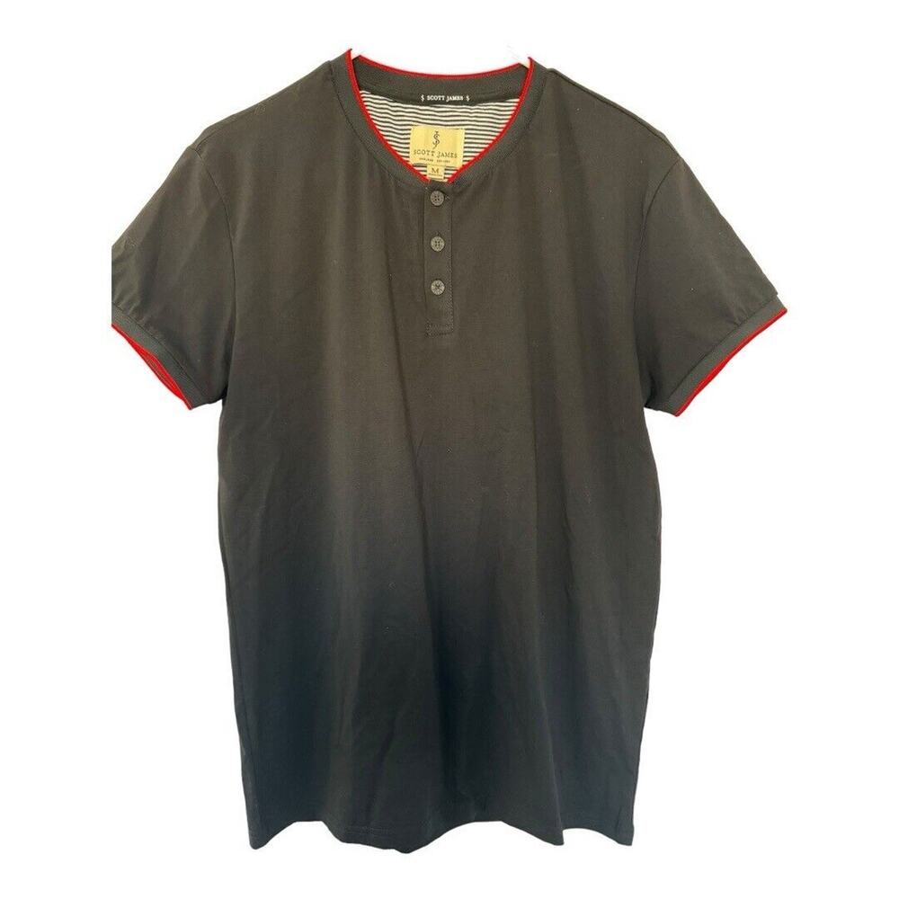 Scott James‎ England Mens Medium Stretch Short Sleeve T-Shirt Black/Red V Neck